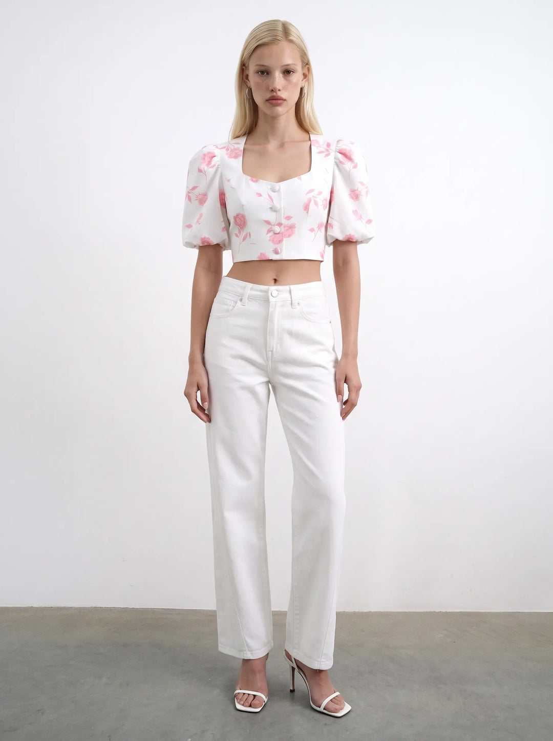 Chanelle, ivory batiste top with medium light pink flowers