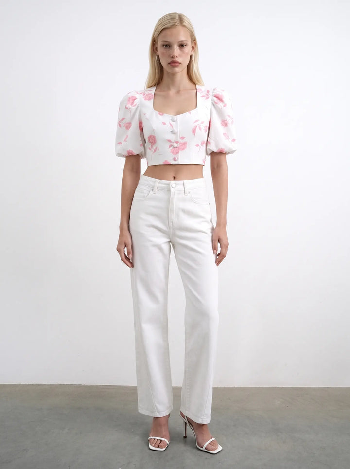 Chanelle, ivory batiste top with medium light pink flowers