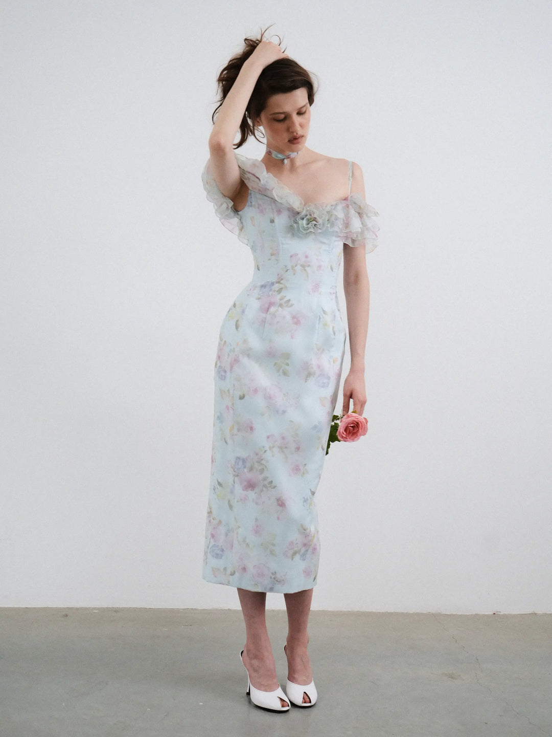 May midi, blue organza midi dress with a floral print, ruffles, and a rose detail