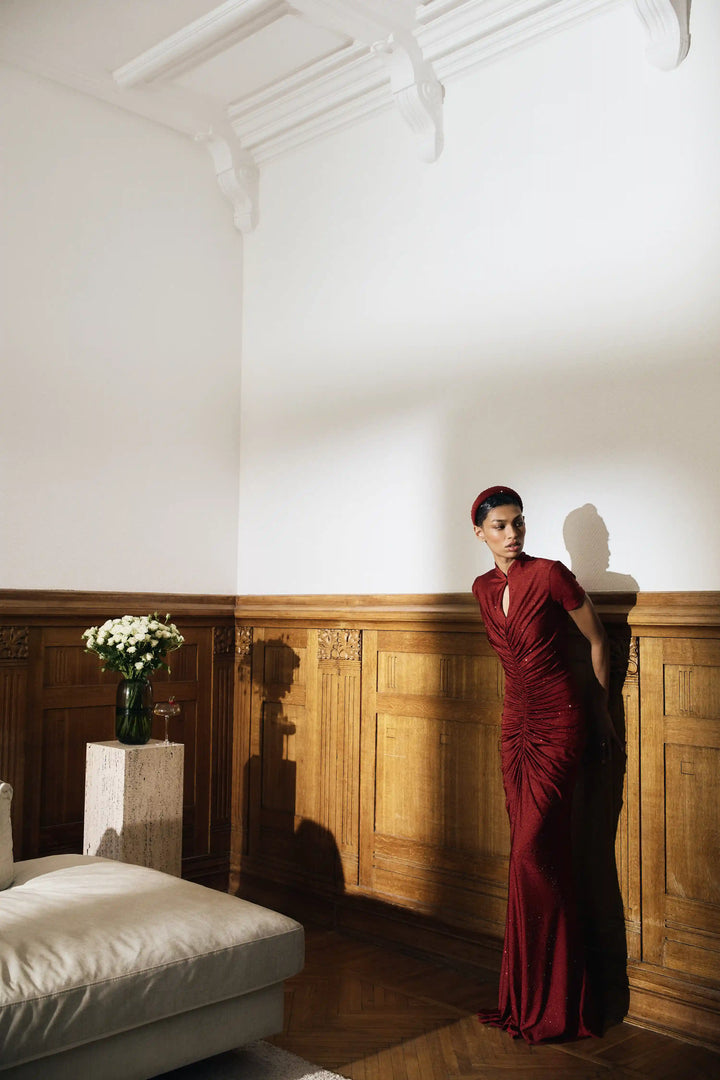 Amanda, chocolate biflex maxi dress embellished with rhinestones