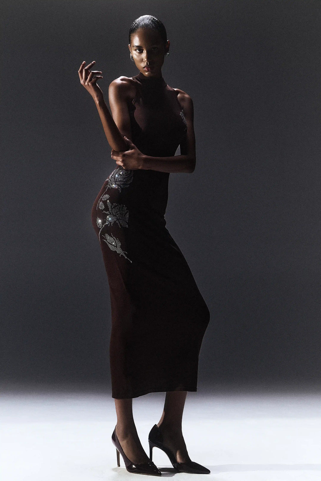 Viva midi, midi dress made of chocolate cotton with rhinestones
