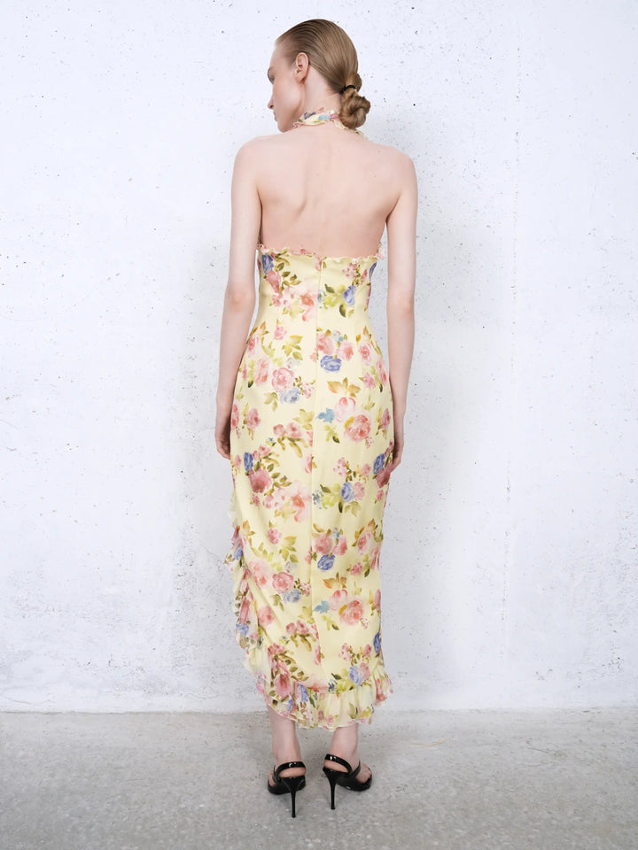 Quora midi, midi dress in pale yellow chiffon with a floral print