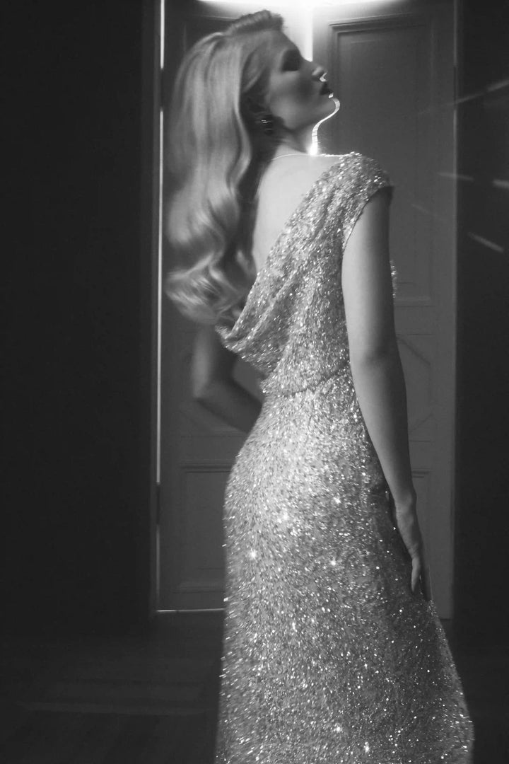 Lucy maxi, maxi dress made of grey lace with sequins