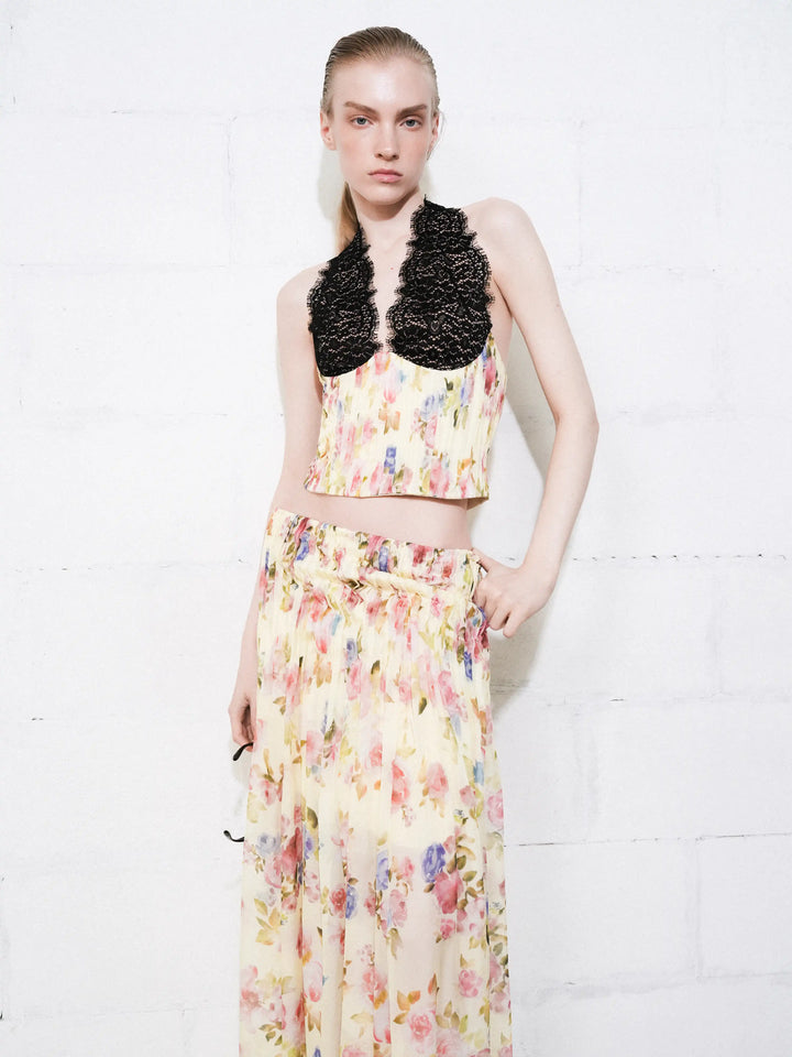 Iya maxi, maxi skirt in pale yellow chiffon with a floral print