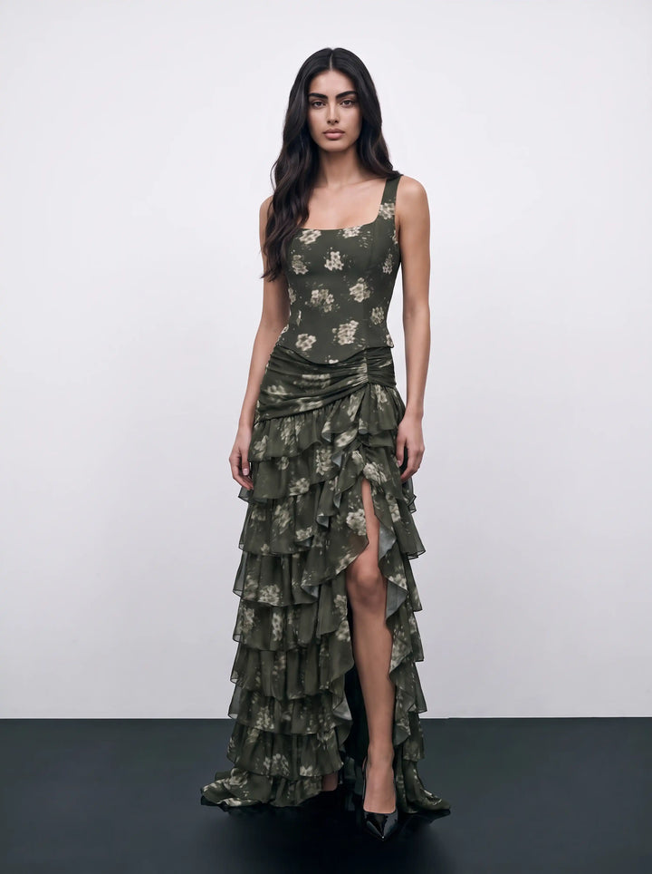 Muza, khaki chiffon crop top with ivory flowers