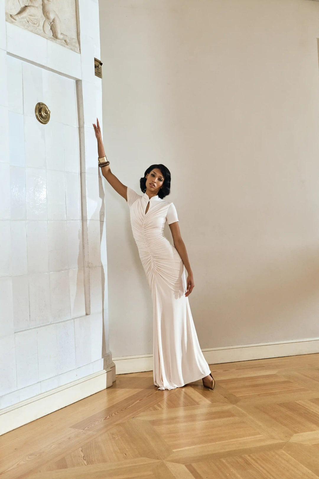 Amanda maxi, draped maxi dress made of ivory biflex