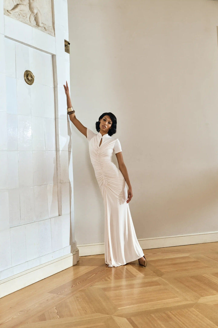 Amanda maxi, draped maxi dress made of ivory biflex