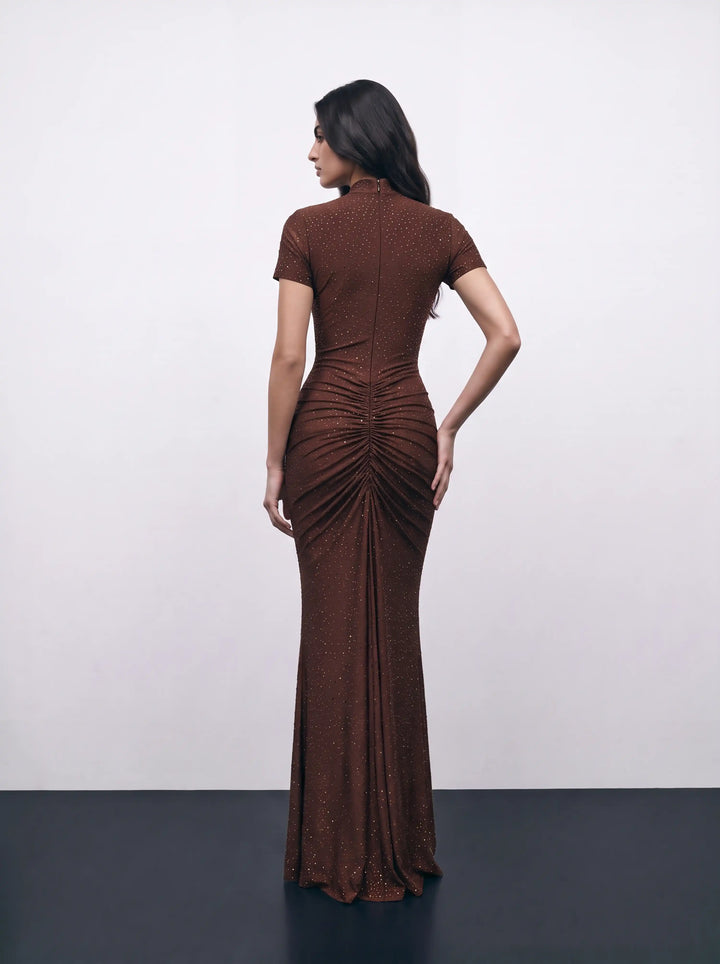 Amanda, chocolate biflex maxi dress embellished with rhinestones