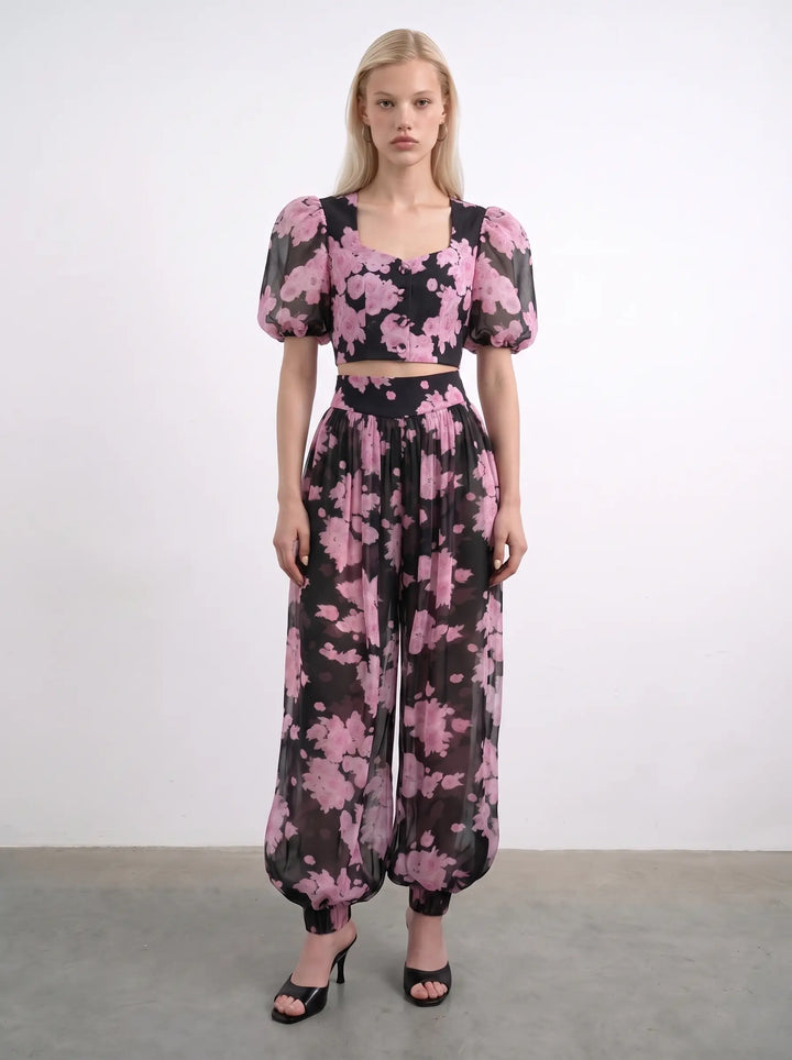 Chanelle, black chiffon top with large pink flowers