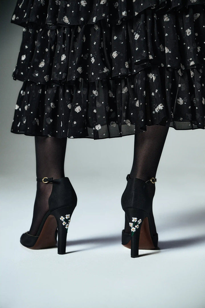 Lisen, corset midi dress made of black velvet and chiffon with small floral print