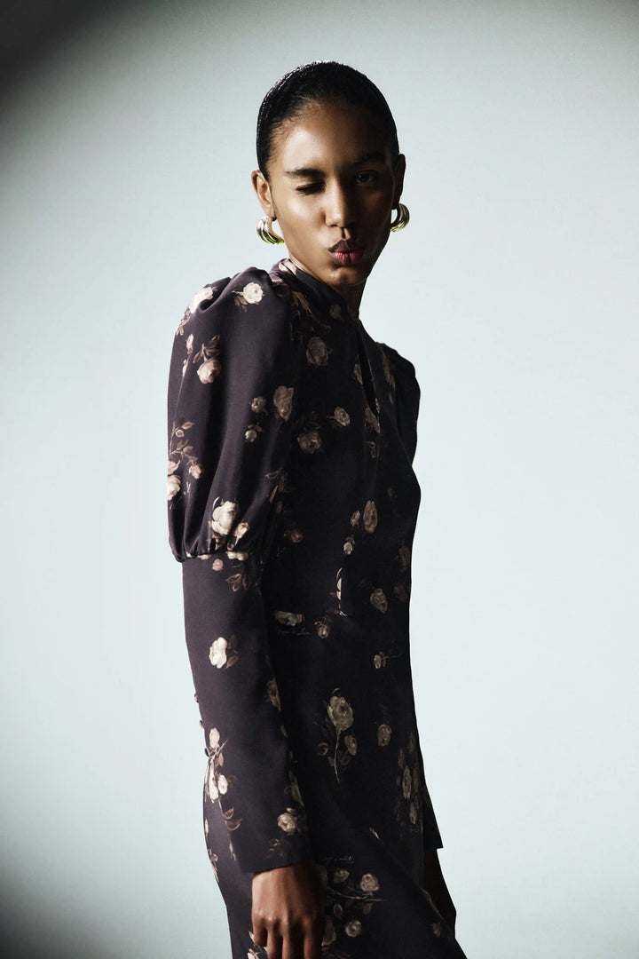 Giannetta midi, midi dress made of chocolate crepe de chine with floral print