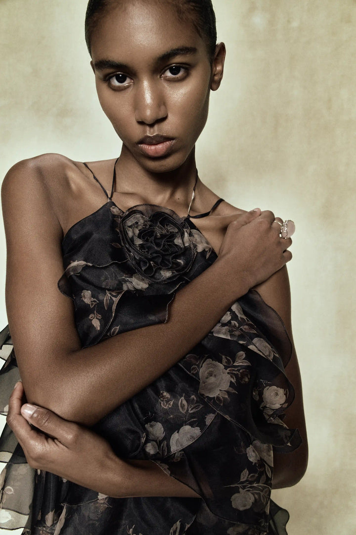 Dakota, maxi dress made of chocolate organza with floral print