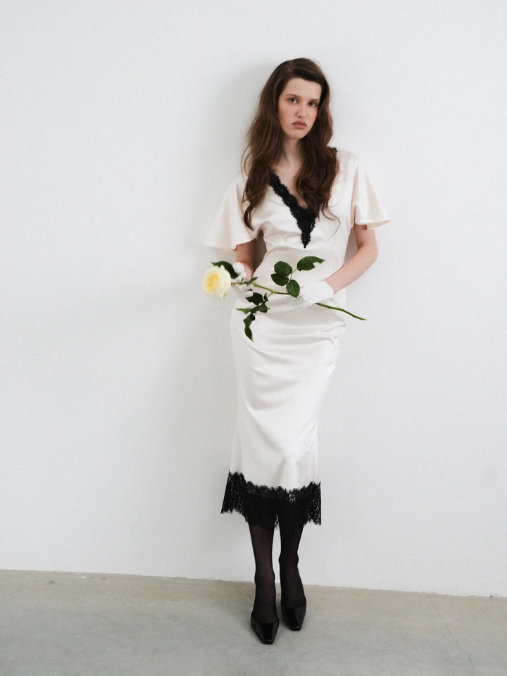 Odette midi, milky satin midi dress with black lace trim