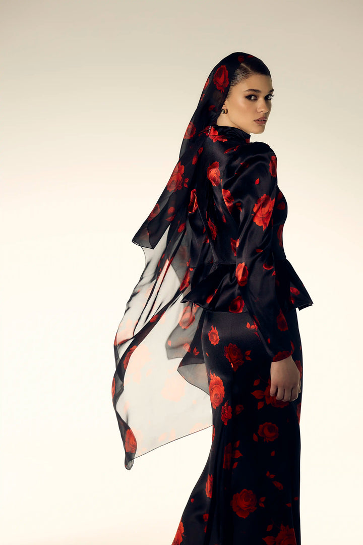 Letici, black chiffon scarf with a floral print