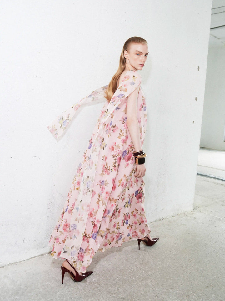 Karine maxi, strappy maxi dress in light pink chiffon with a floral print