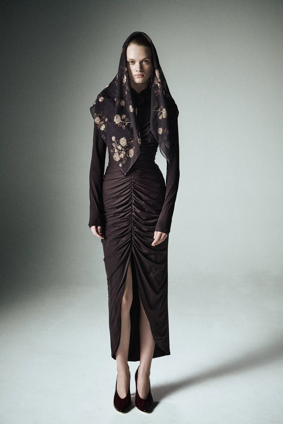 Ami, draped midi dress made of chocolate biflex