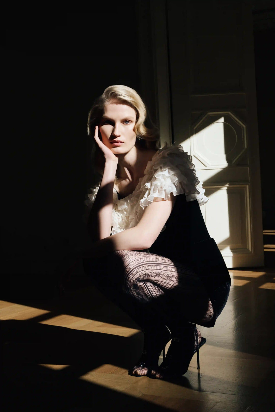 Abby, velvet jumpsuit with chiffon ruffles