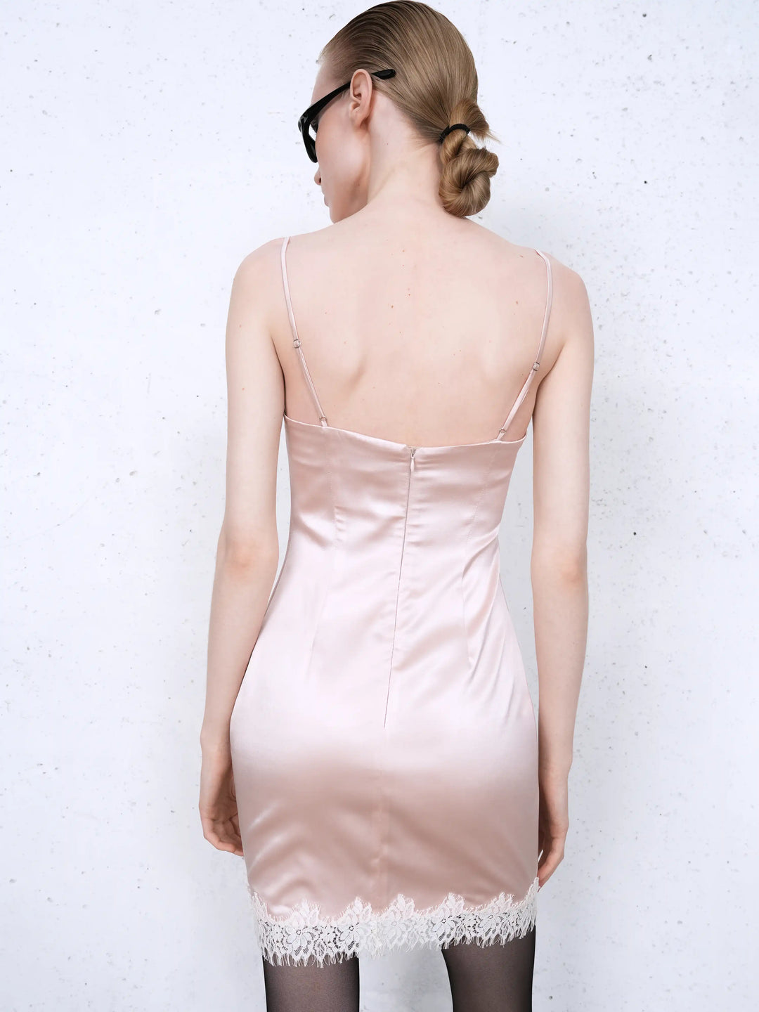 Cassidy mini, mini dress in powder pink satin with lace trim