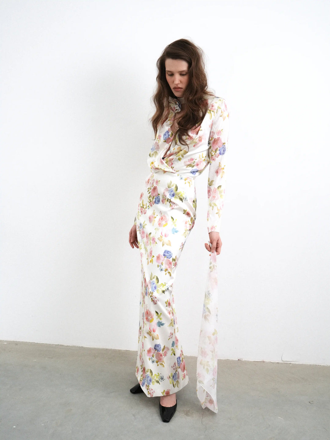 Jasmine maxi, milky satin maxi dress with a floral print