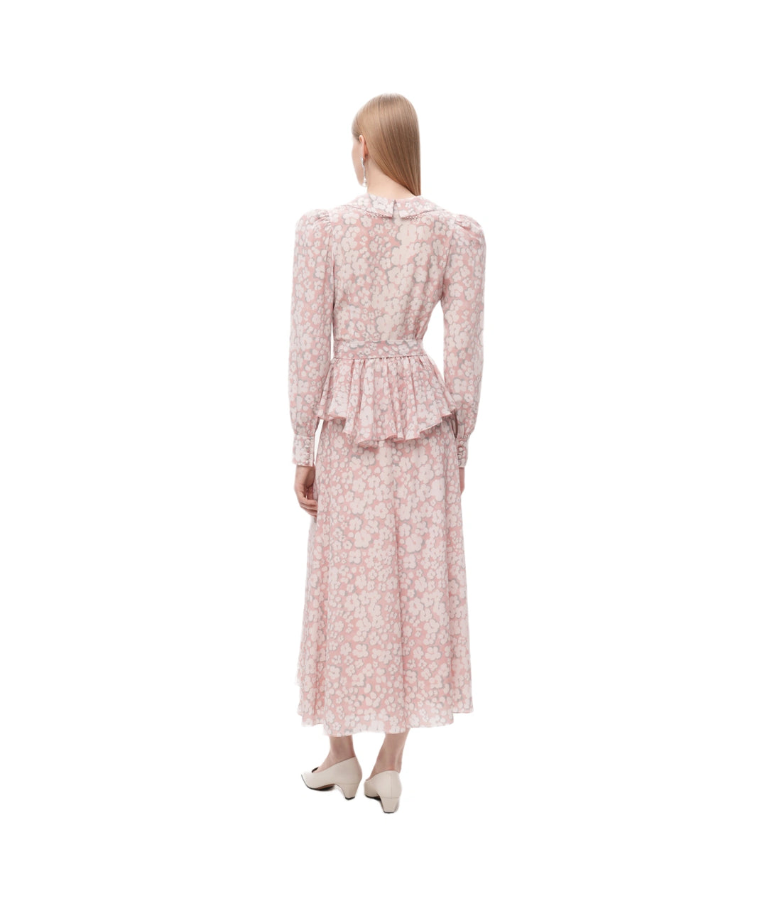Olivia, pink crepe de chine midi skirt with medium milky flowers