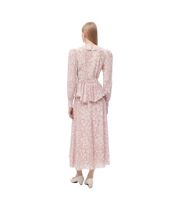 Olivia, pink crepe de chine midi skirt with medium milky flowers