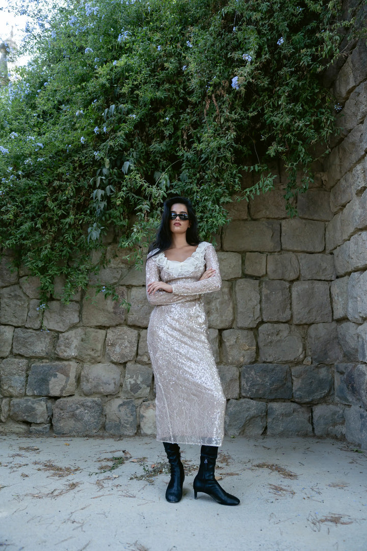 Uma midi, beige sequin midi dress