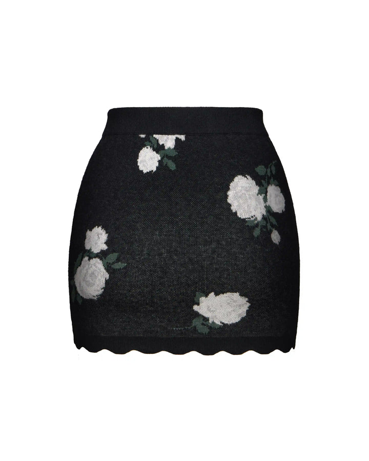 Lana-Tracy, knitted set with mini skirt made of black cotton with floral print