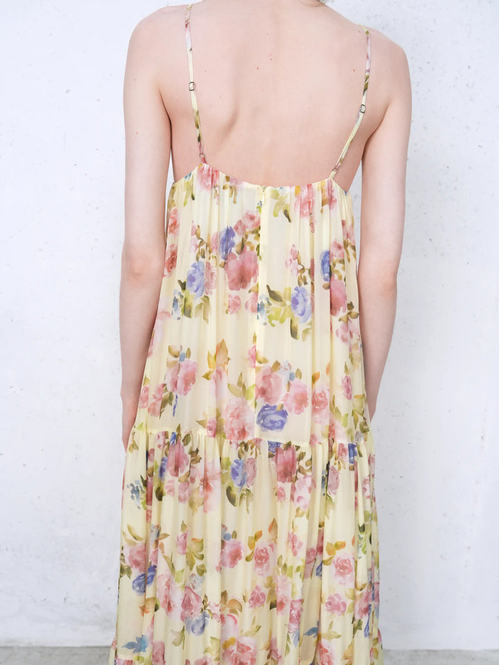 Fleur Maxi, maxi dress in pale yellow chiffon with a floral print