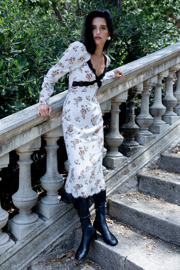 Rennie midi, milky crepe de chine midi dress with brown flowers
