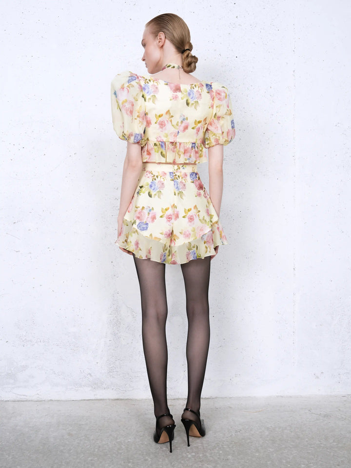 Melisa top, crop top in pale yellow chiffon with a floral print