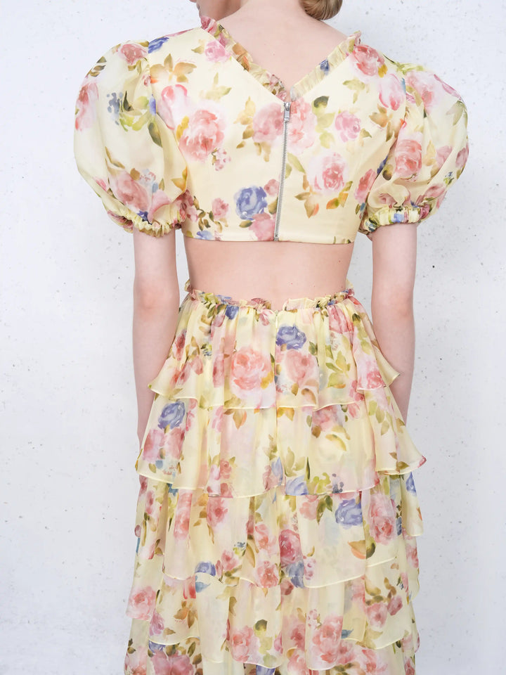 Kelly midi, midi dress in pale yellow chiffon with a floral print