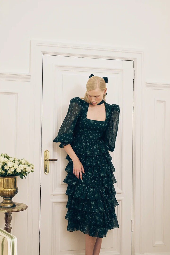 Valerie midi, midi dress made of dark green chiffon with a floral print