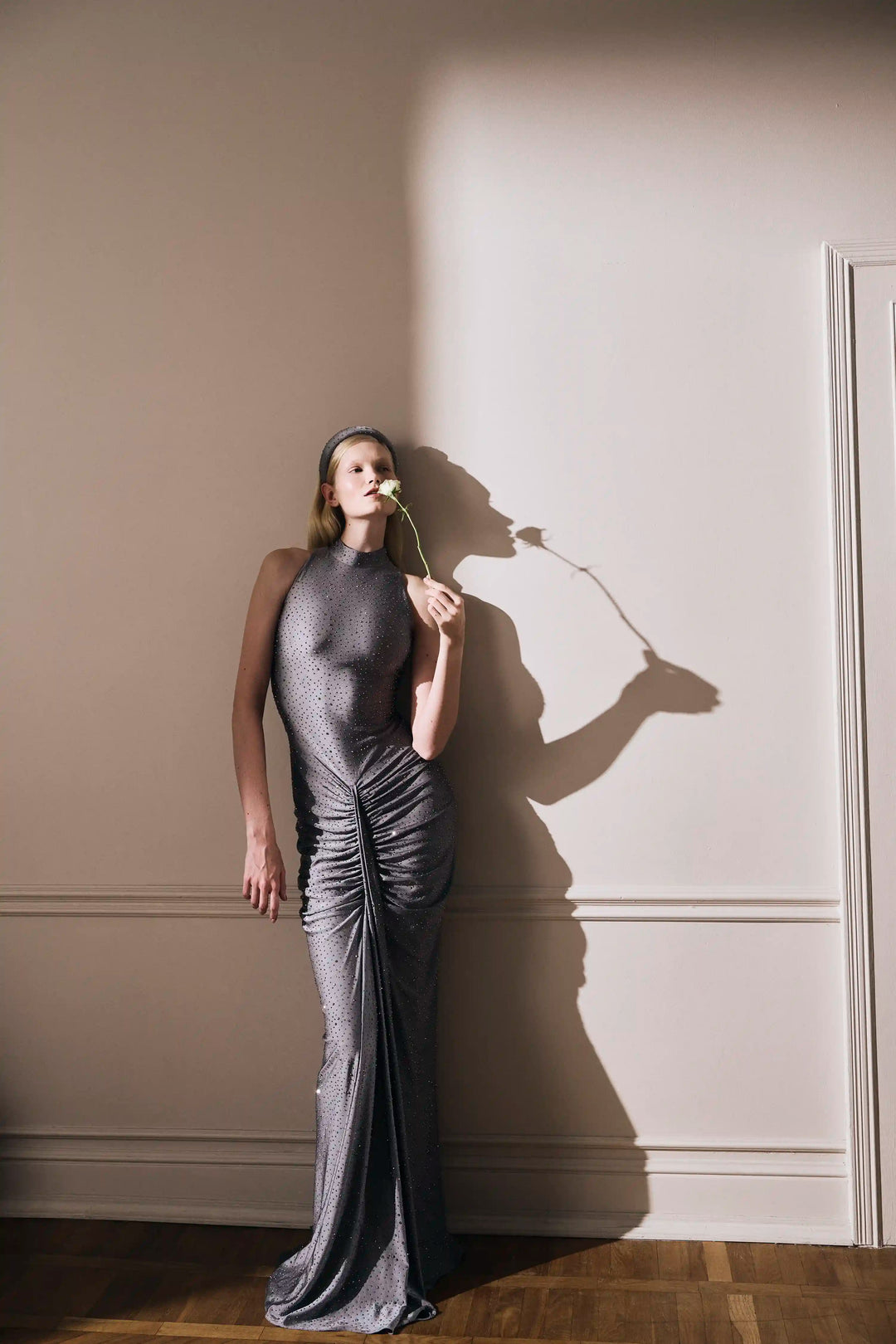 Ivy maxi, maxi dress made of gray biflex with rhinestones