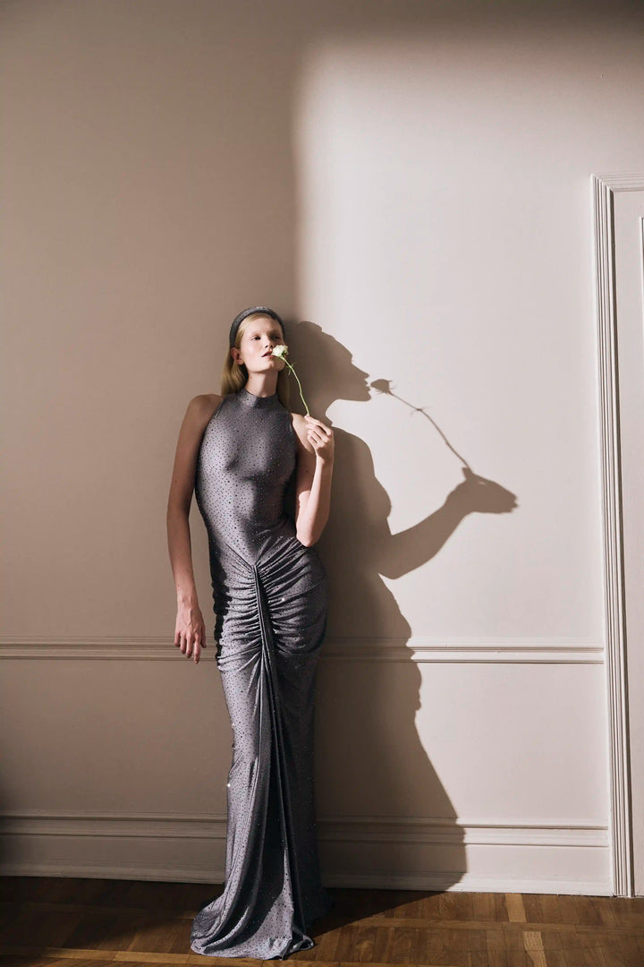 Ivy maxi, maxi dress made of gray biflex with rhinestones