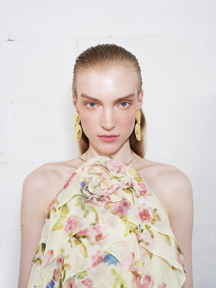 Dahlia top, top in pale yellow chiffon with a floral print
