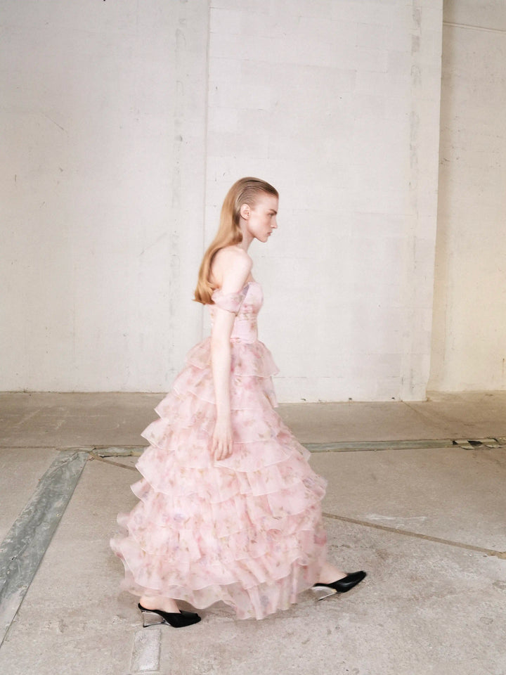 Lisen maxi, corset maxi dress in pink organza with a floral print