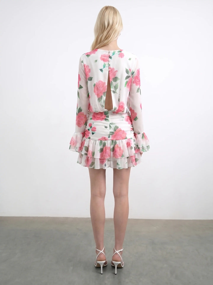 Mira mini, chiffon mini dress in milky with large raspberry flowers