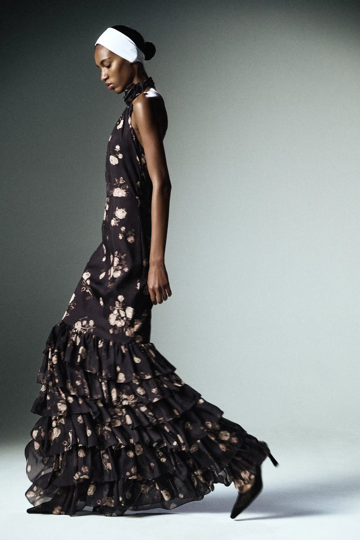 Rozalia, maxi dress made of chocolate chiffon with floral print