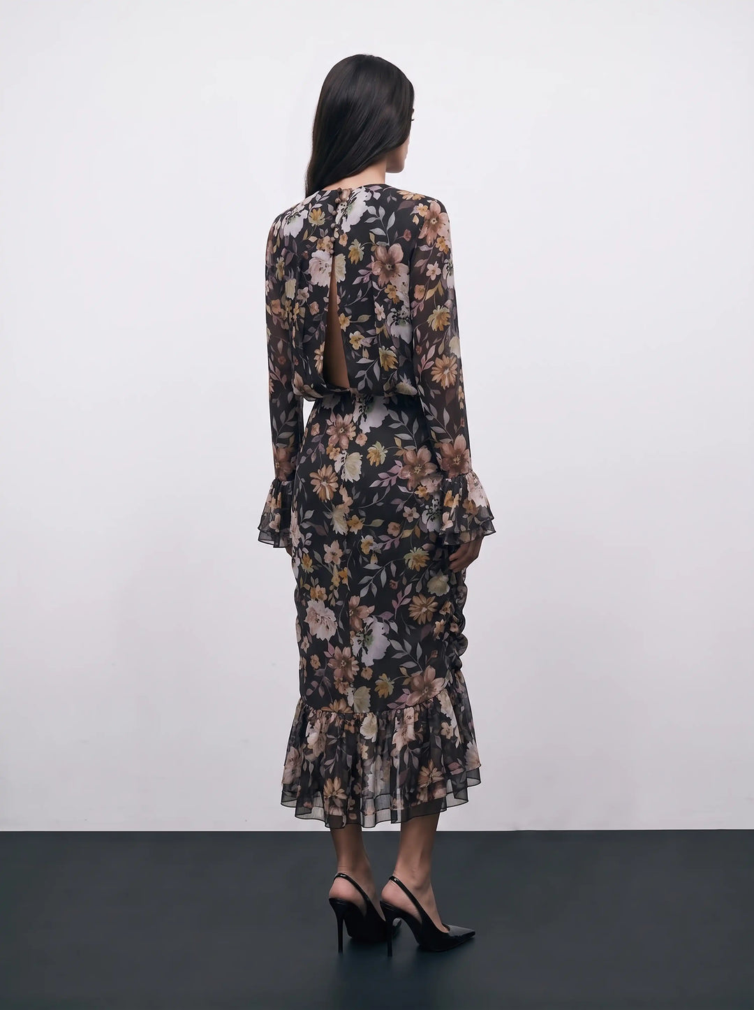 Mira midi, black chiffon midi dress with multicolor floral print
