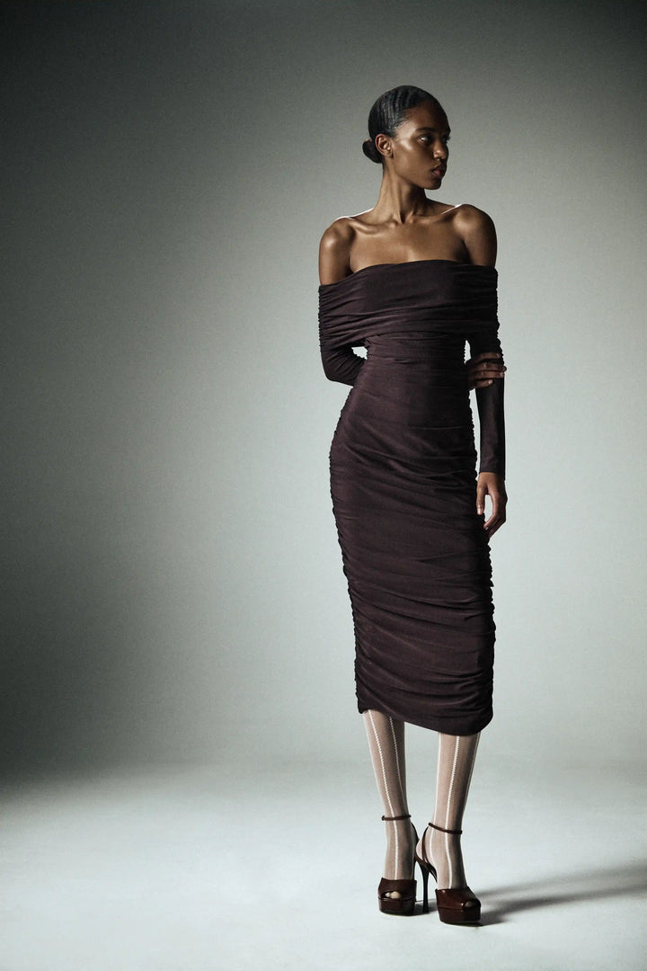 Iry midi, draped midi dress with long sleeves made of chocolate mesh