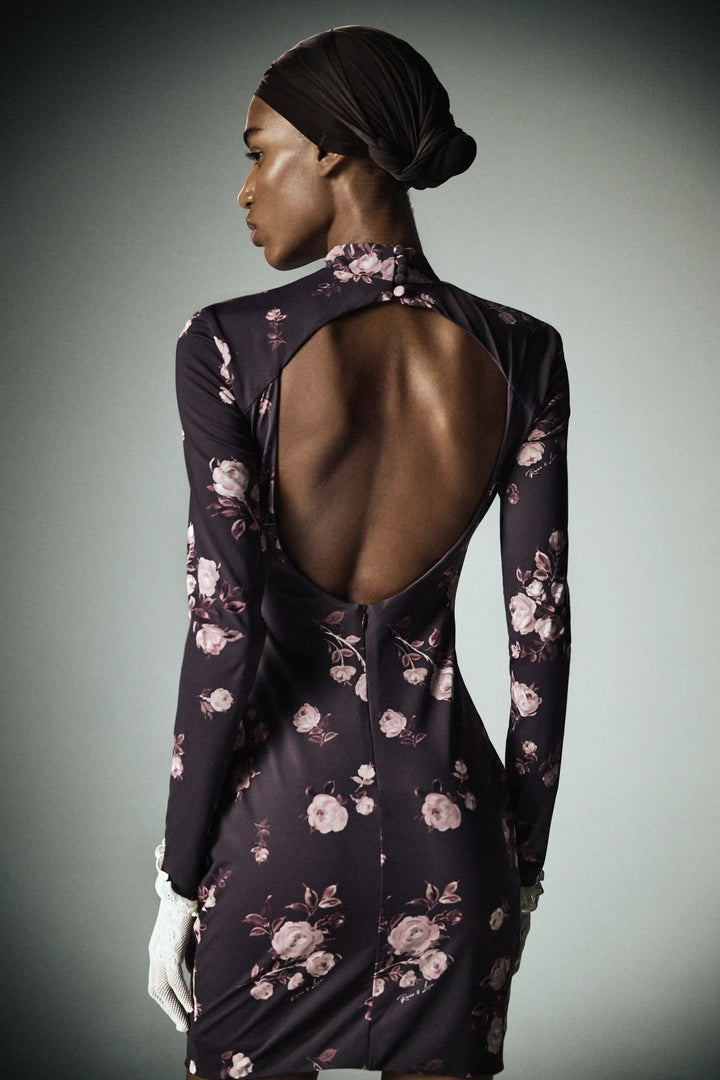 Muna mini, mini dress with long sleeves made of chocolate biflex with floral print