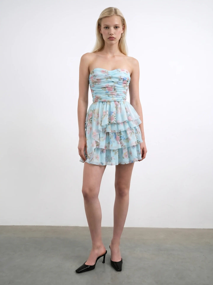 Joan, corset top in blue chiffon with a floral print