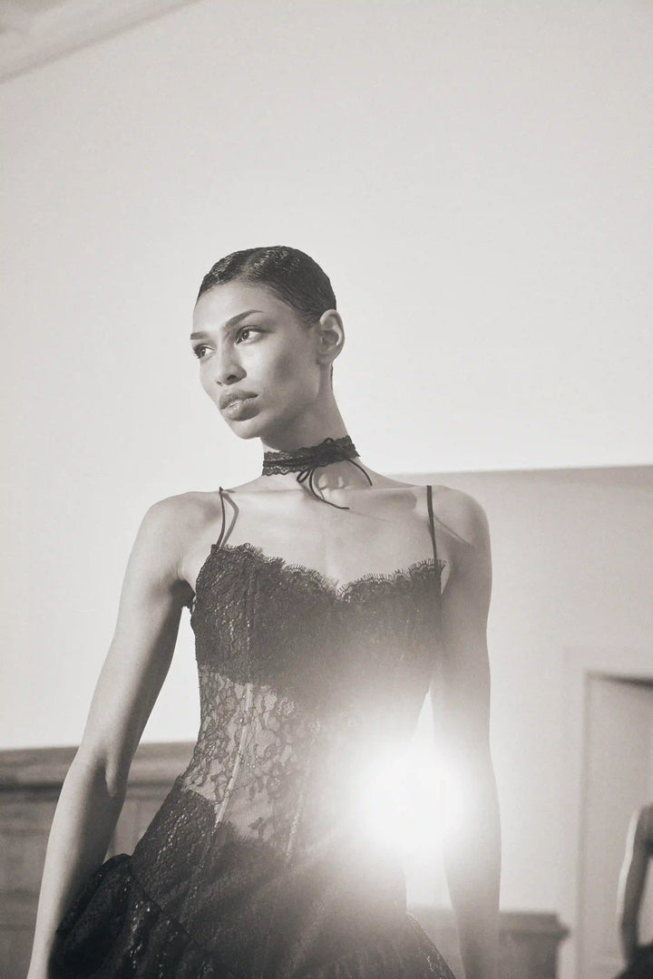 Andrea maxi, black lace maxi dress with statement ruffles