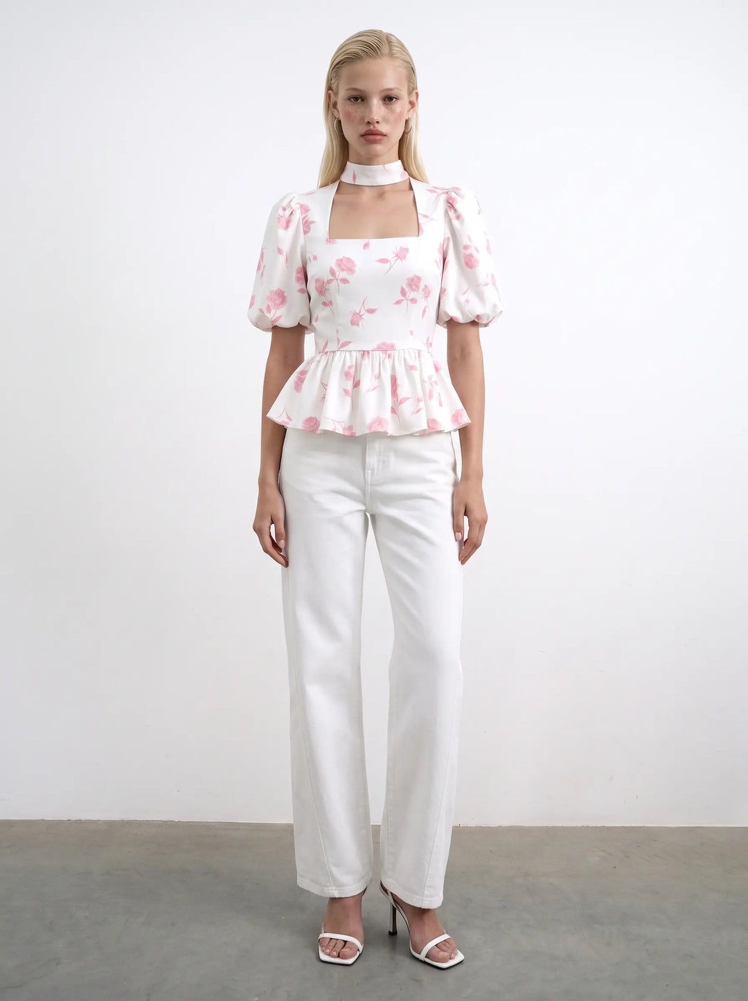 Valerie top, ivory crepe de chine top with medium light pink flowers