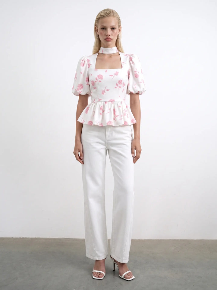 Valerie top, ivory crepe de chine top with medium light pink flowers