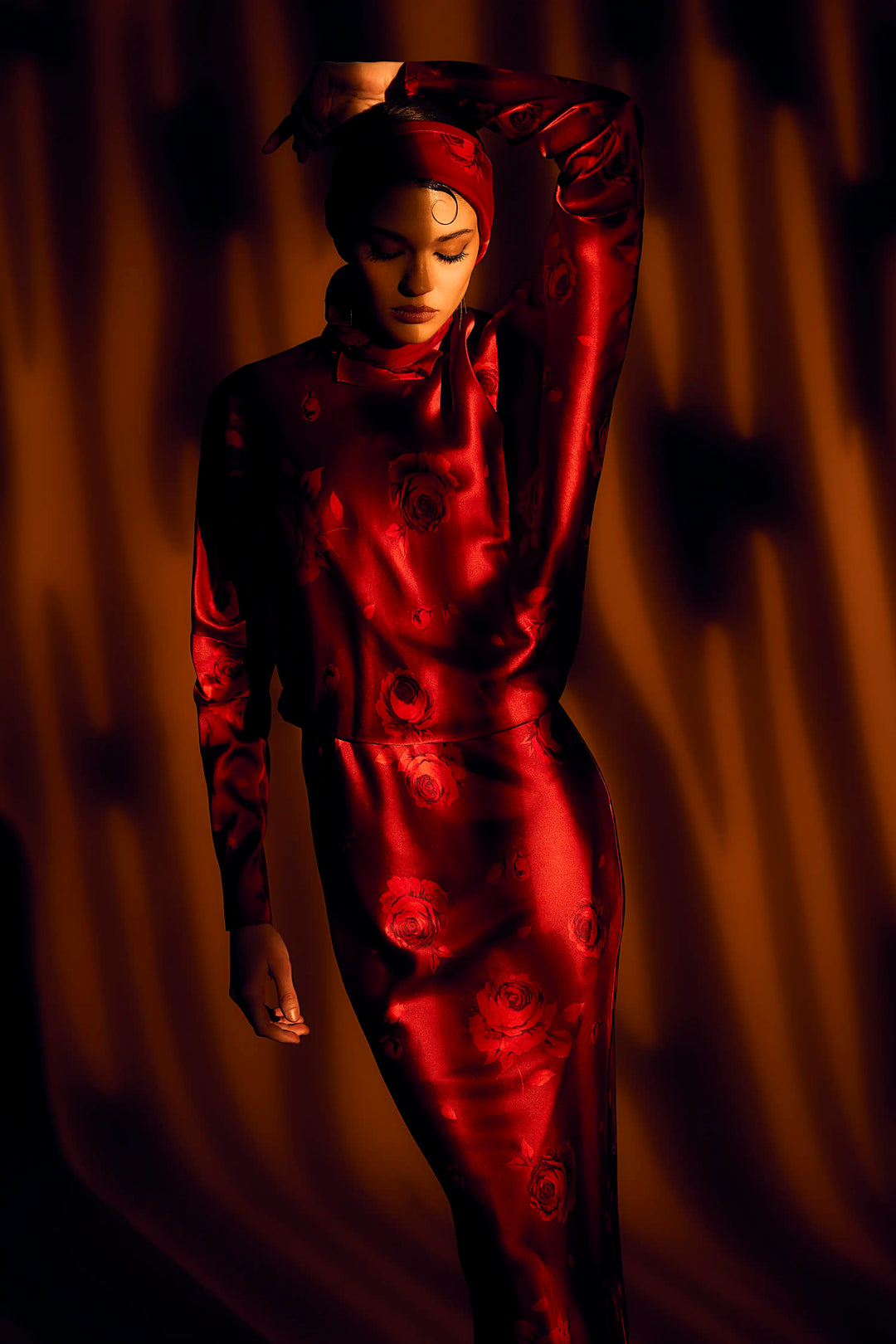 Anita maxi, burgundy satin maxi dress with a floral print