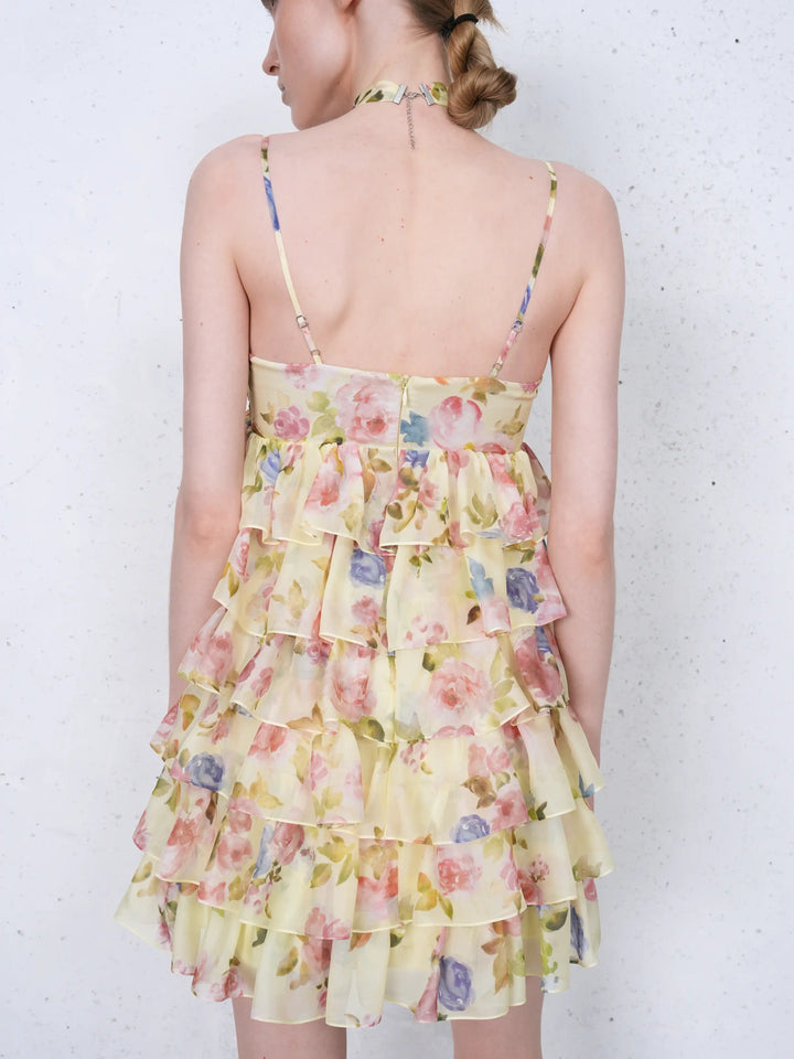 Willow mini, mini dress in pale yellow chiffon with a floral print