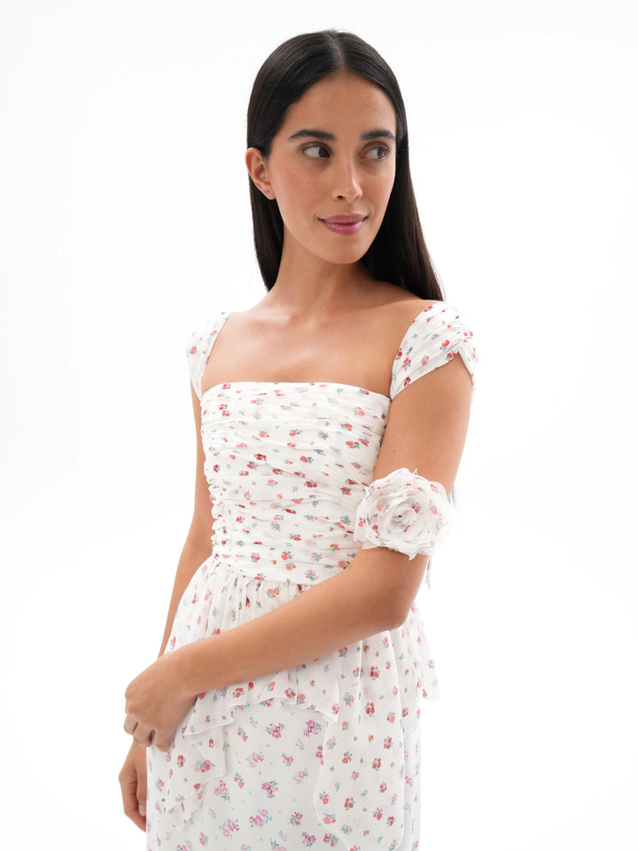 Jean, corset top with asymmetrical peplum, milky white with delicate red blossoms