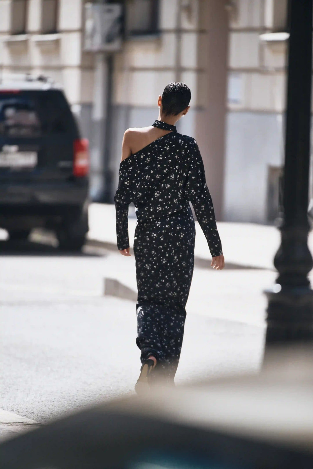 Anika maxi, maxi dress with long sleeves and a choker made of black satin with floral print