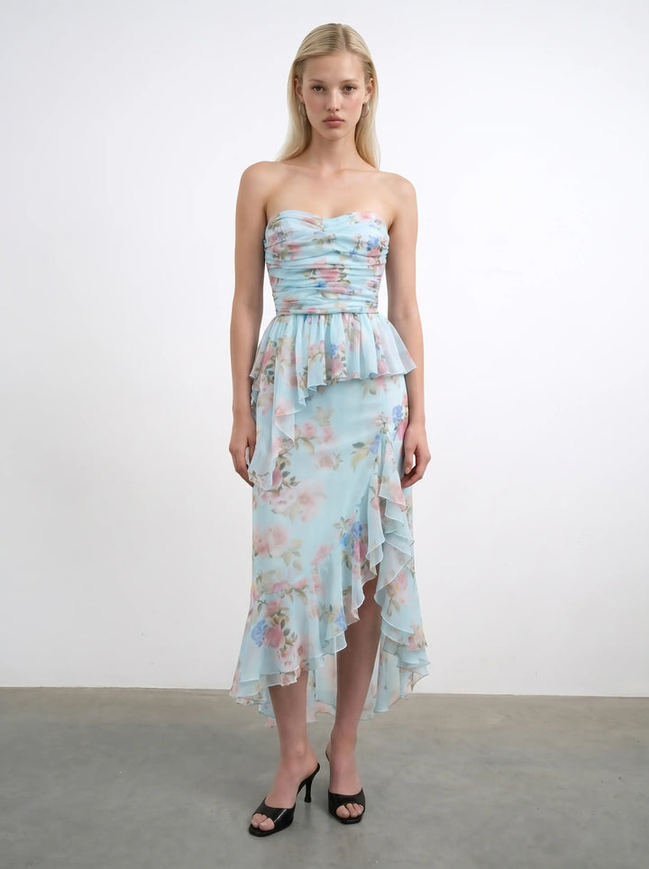 Joan, corset top in blue chiffon with a floral print
